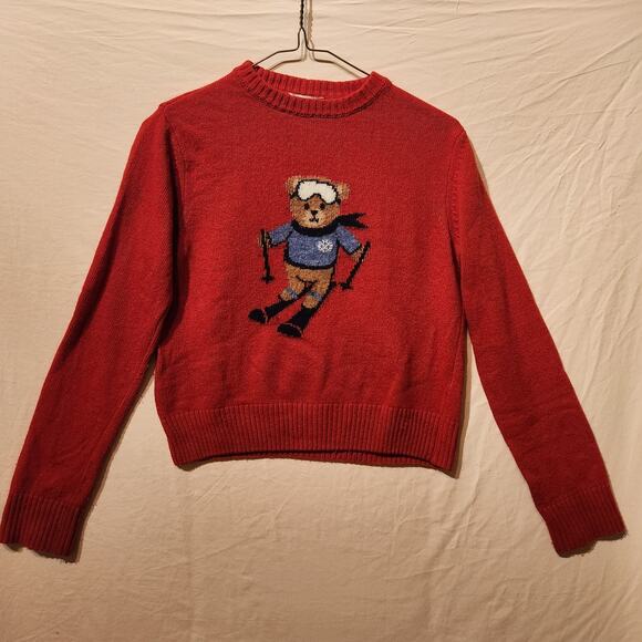 Women's XS Red Skiing Bear Cashmere & Wool Blend Sweater Holiday Xmas By Subdued - Picture 10 of 10